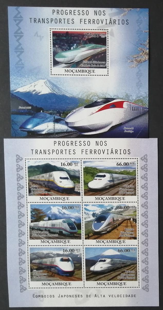 Mozambik 2010 Mi.4192-7+Bl.391 24€ Moderní vlaky, Shinkansen Nagano