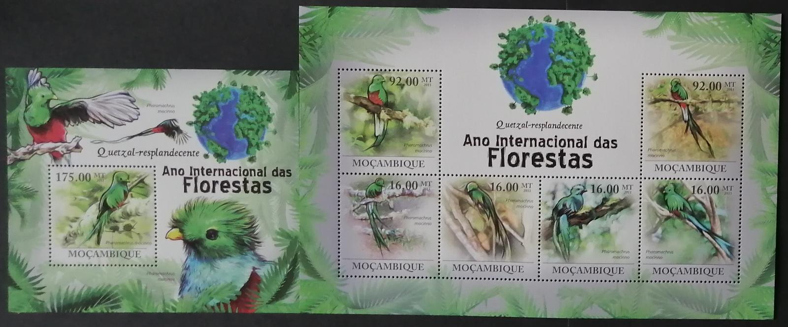 Mozambik 2011 Mi.4348-3+Bl.416 24€ Tropičtí ptáci, quetzal, papoušci