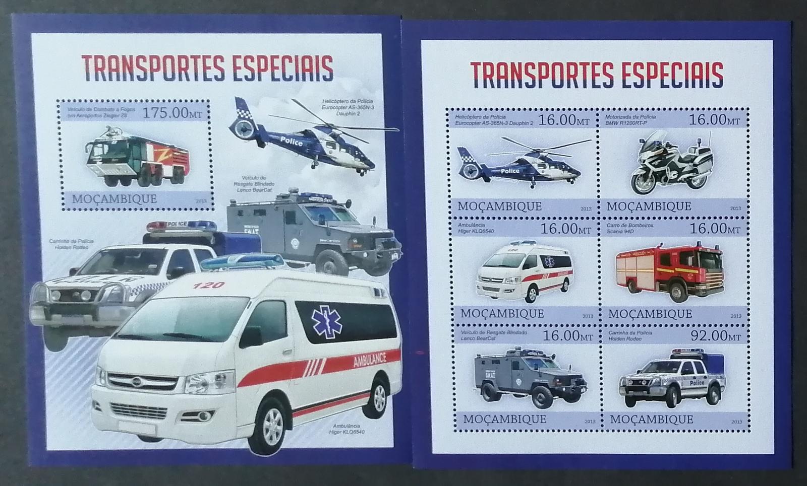 Mozambik 2013 Mi.6525-0+Bl.751 20€ Vozidla policie, sanitky a hasiči