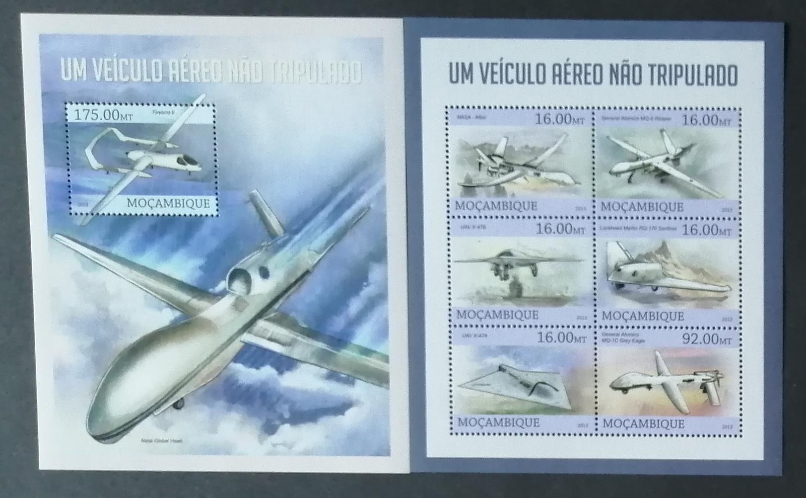 Mozambik 2013 Mi.6602-76+Bl.762 20€ Bezpilotní letouny a letadla, dron