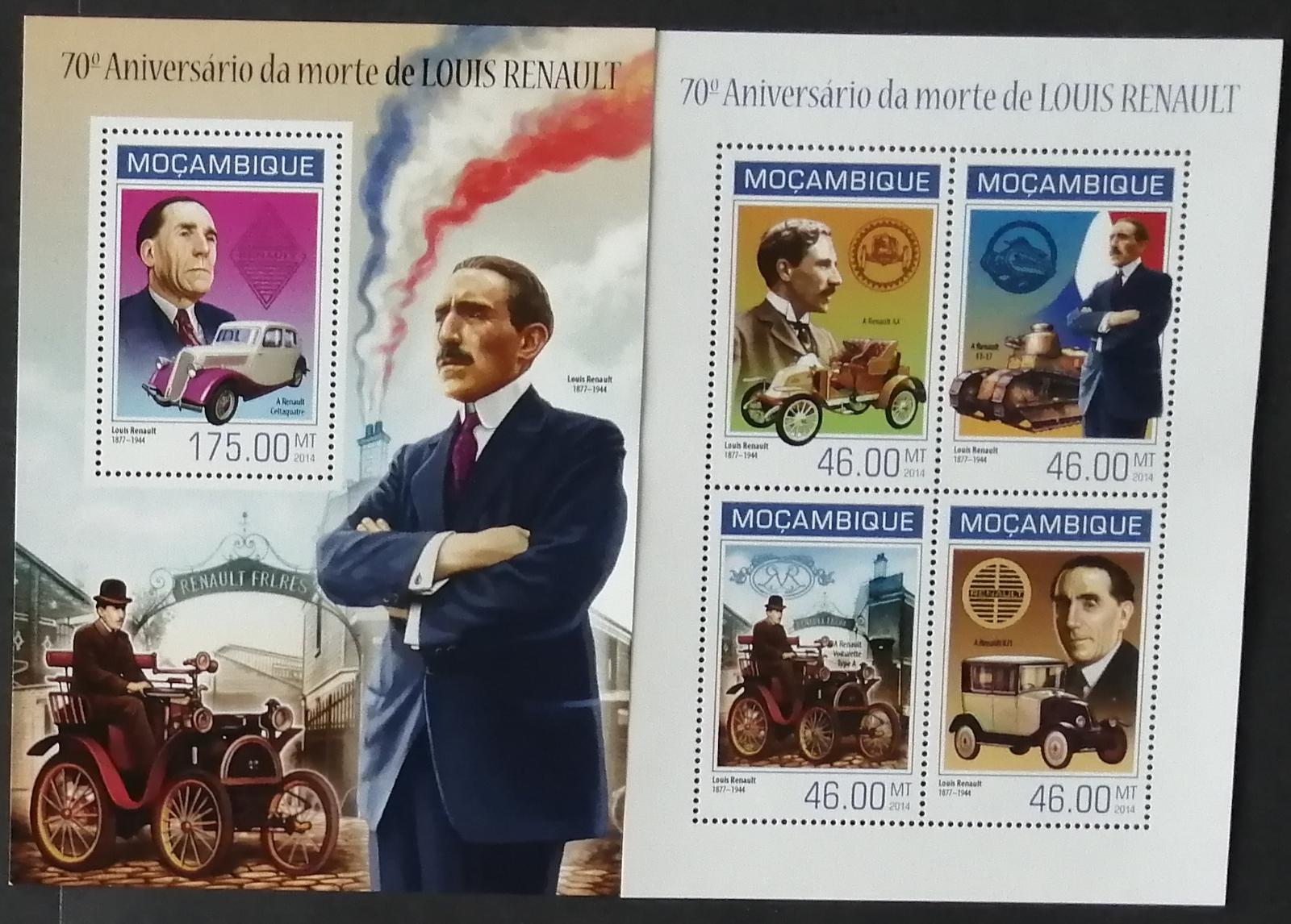 Mozambik 2014 Mi.7160-3+Bl.872 21€ 70 let smrti L.Renaulta, vlaky