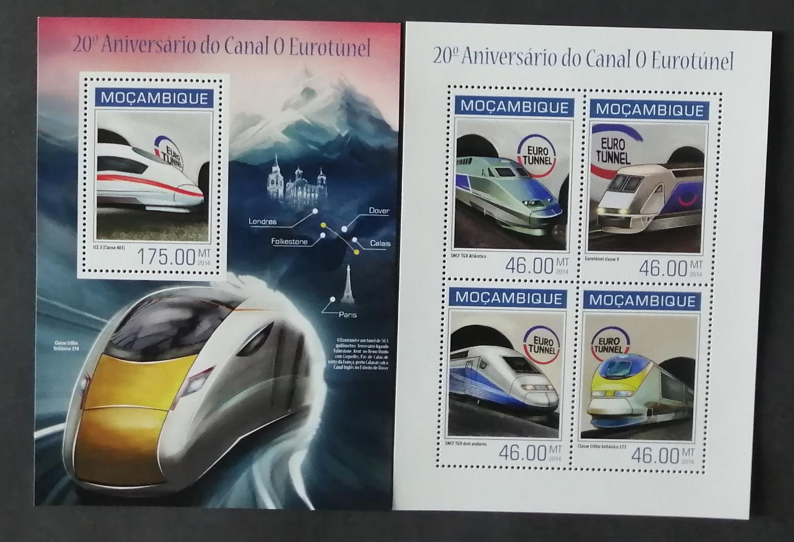 Mozambik 2014 Mi.7220-3+Bl.884 21€ 20 let Eurotunelu, vlaky