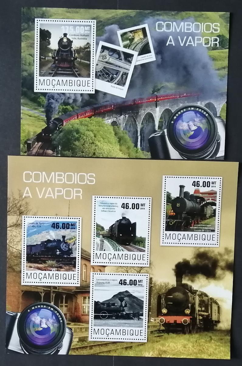 Mozambik 2014 Mi.7660-3+Bl.972 20€ Parní vlaky a lokomotivy