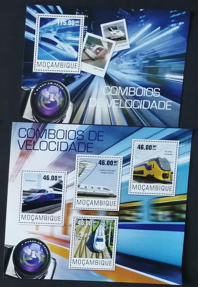 Mozambik 2014 Mi.7665-8+Bl.973 20€ Moderní vlaky a lokomotivy