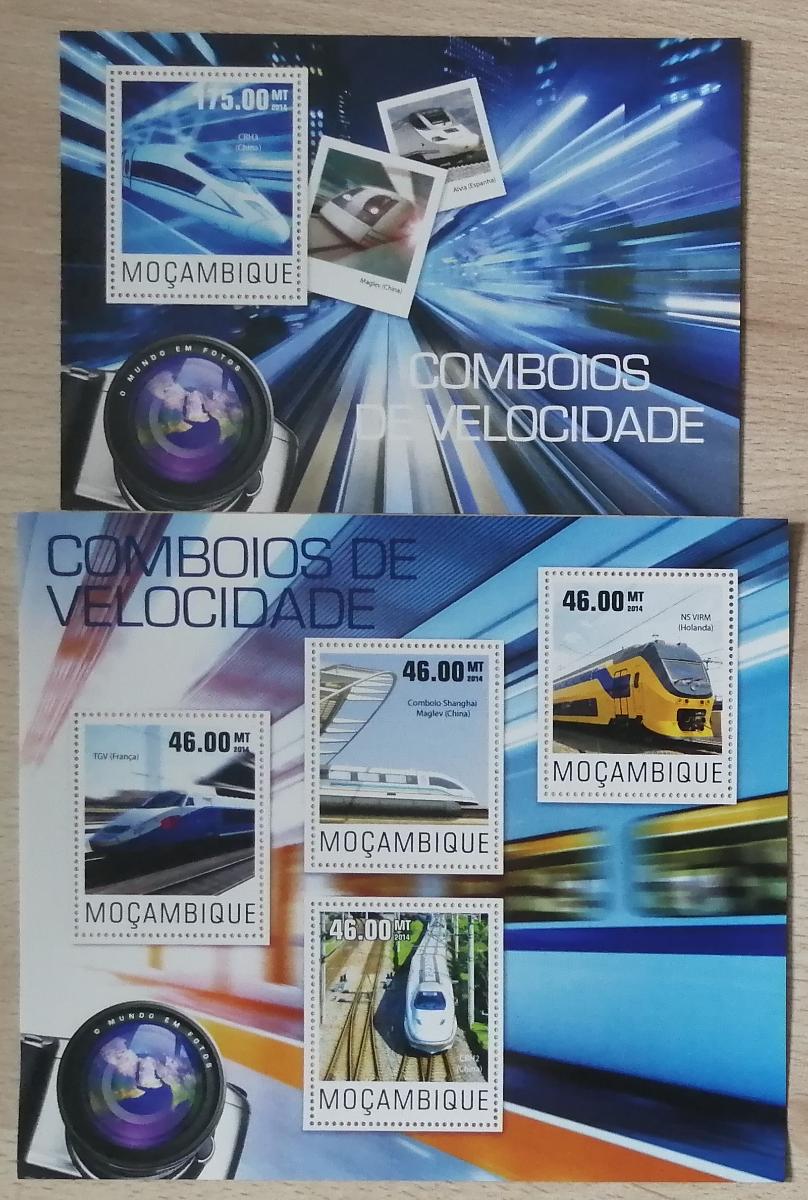Mozambik 2014 Mi.7665-8+Bl.973 20€ Vysokorychlostní vlaky světa