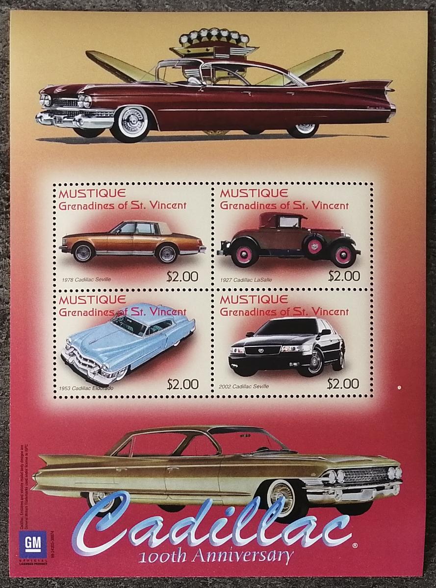 Mustique 2003 Bl.21 8€ Století značky Cadillac, Historická auta