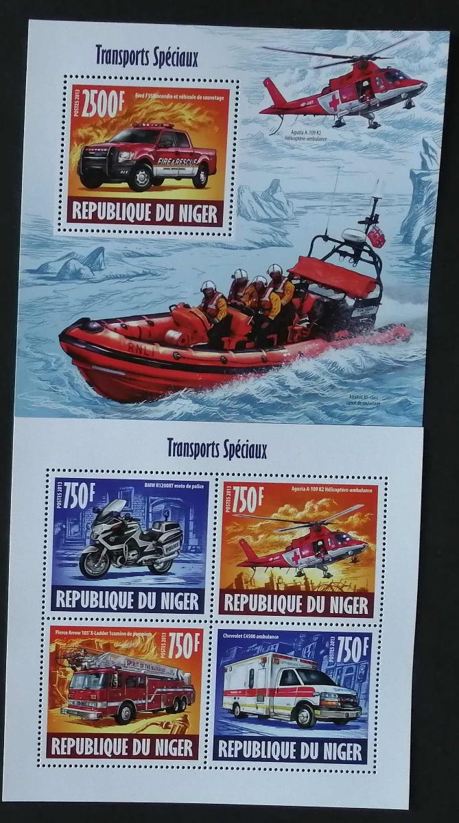 Niger 2013 Mi.2446-9+Bl.231 22€ Hasiči, policie a sanita, auta letadla