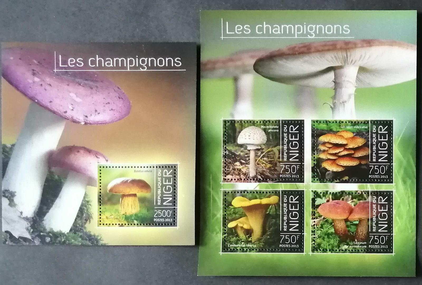 Niger 2013 Mi.2530-3+Bl.247 22€ Houby a mykologie, Lošák jelení, Bedla