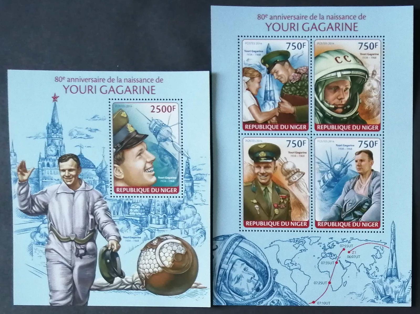 Niger 2014 Mi.2697-0+Bl.281 22€ 80 let Jurije Gagarina, kosmonaut
