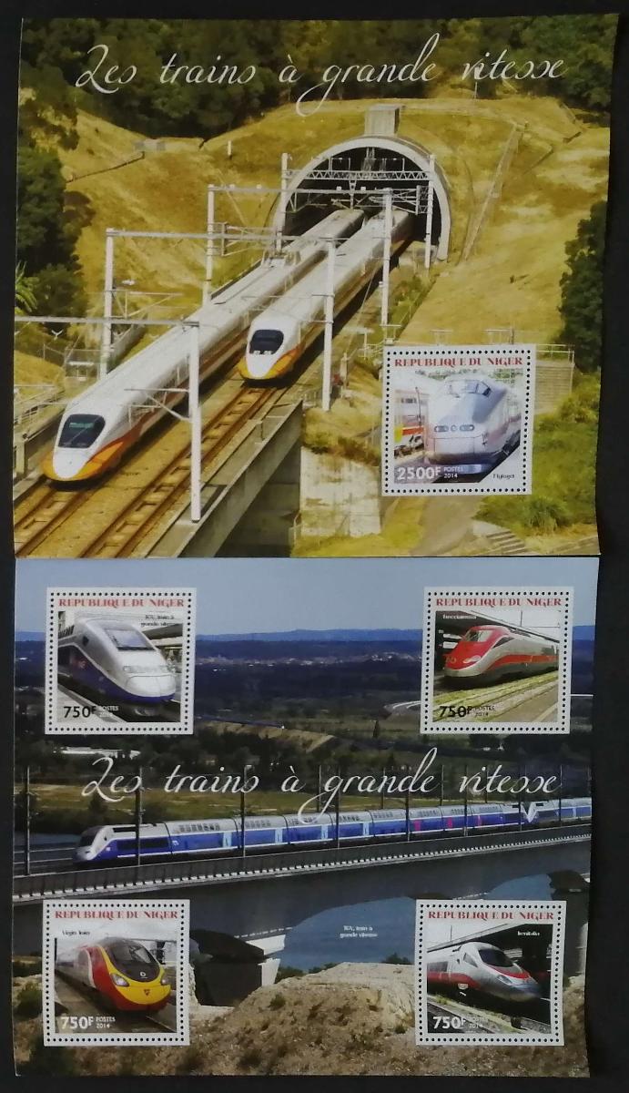 Niger 2014 Mi.2972-5+Bl.338 22€ Vysokorychlostní vlaky a lokomotivy