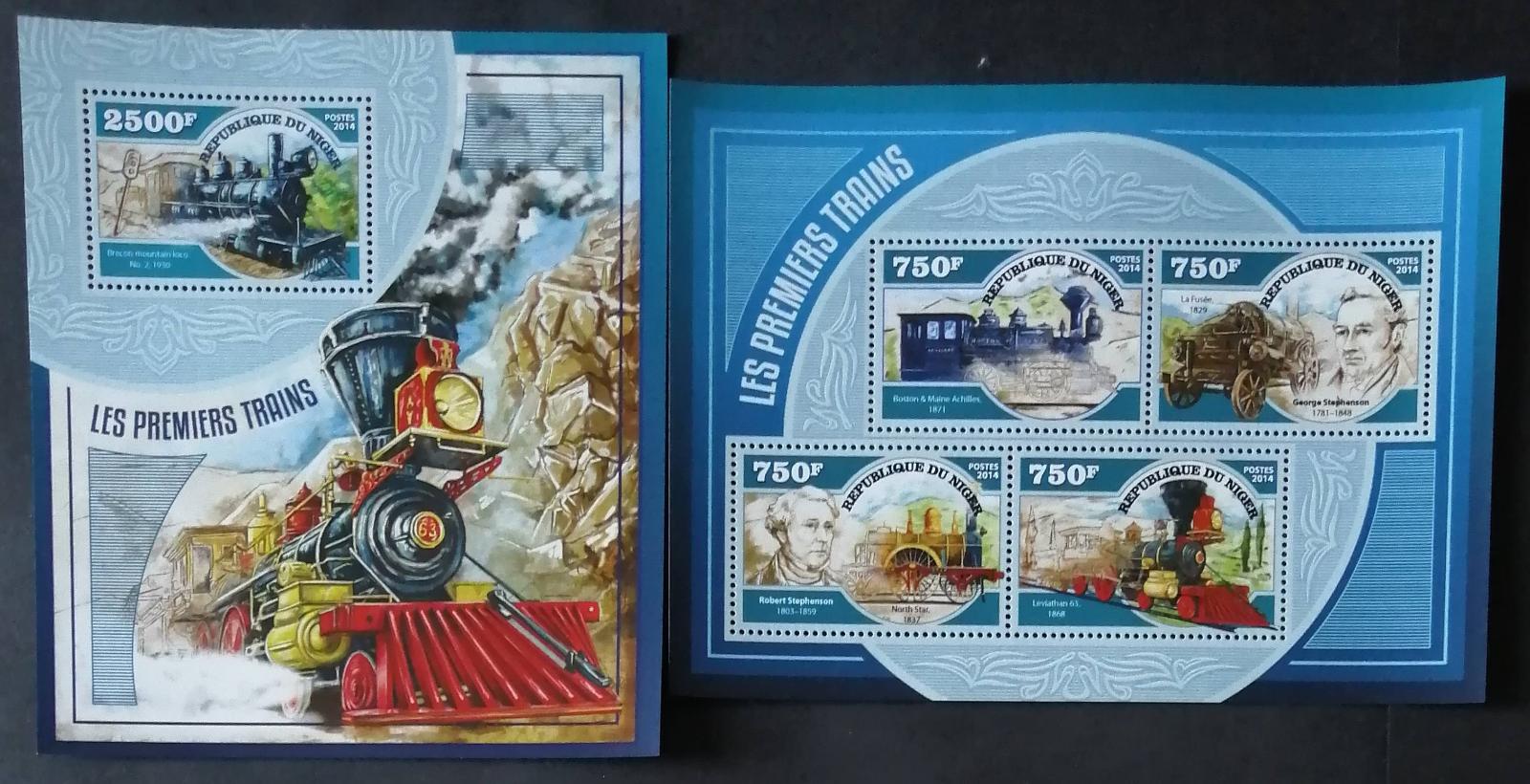 Niger 2014 Mi.3219-2+Bl.388 22€ Historické lokomotivy, parní vlaky