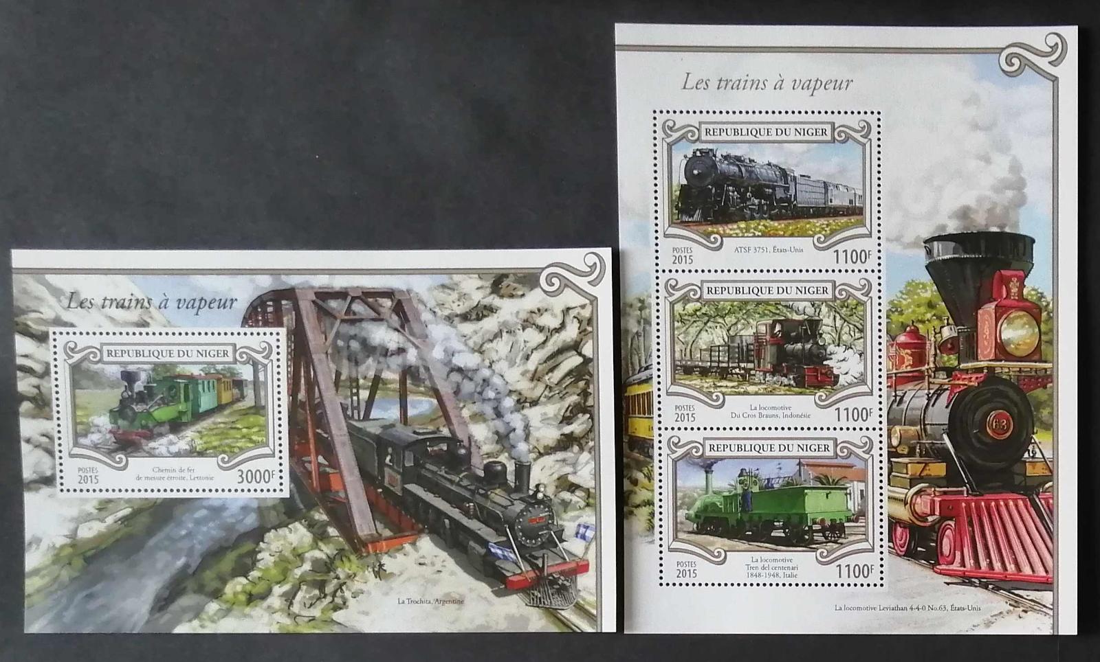 Niger 2015 Mi.3546-9+Bl.454 25€ Parní lokomotivy a vlaky, mosty