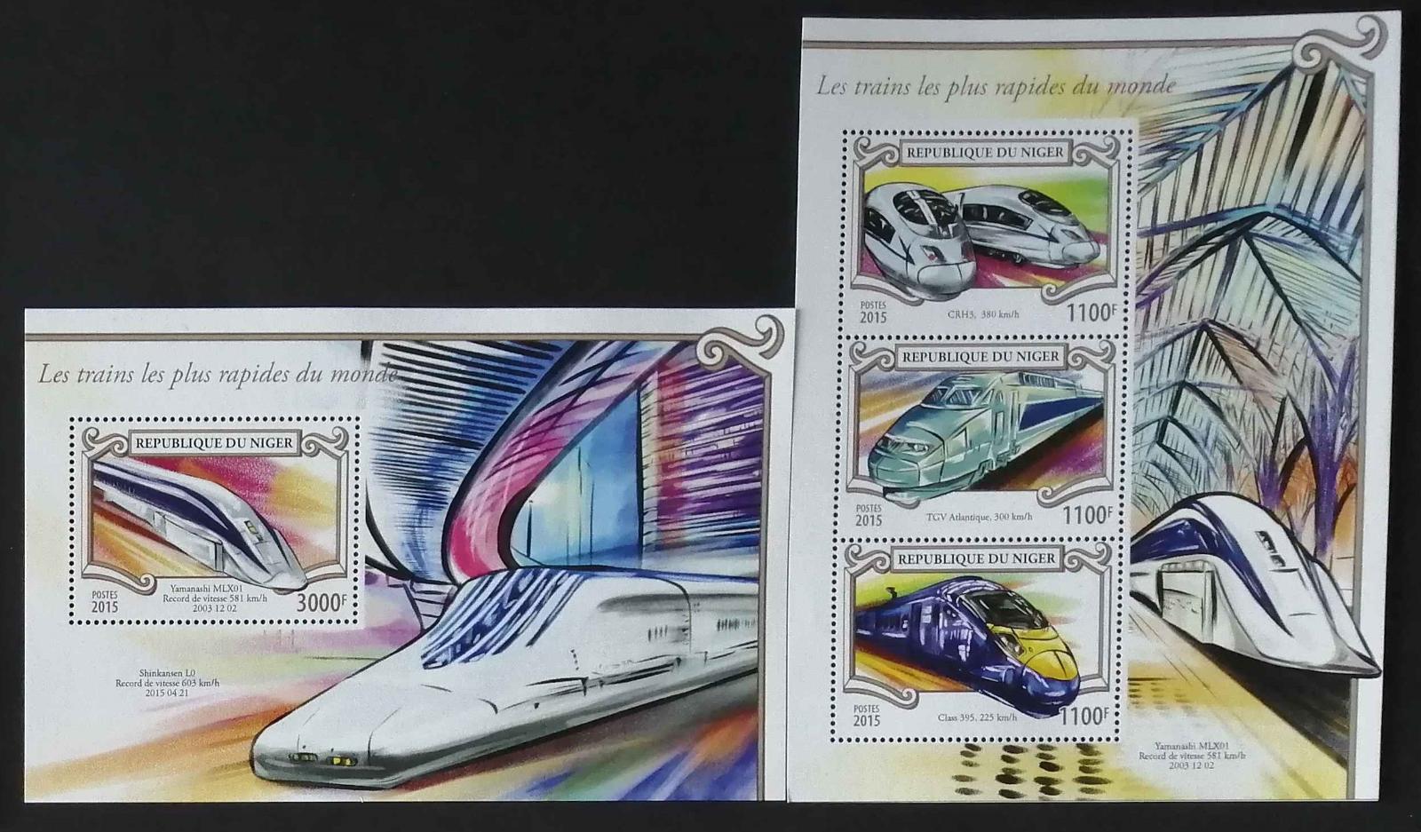 Niger 2015 Mi.3550-3+Bl.455 25€ Vysokorychlostní vlaky a lokomotivy