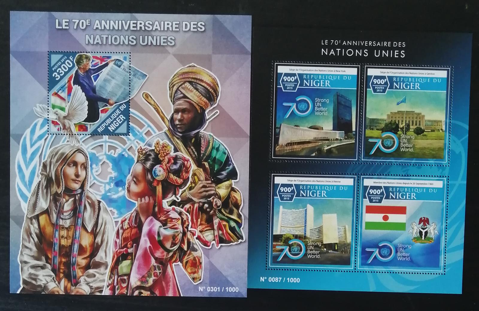Niger 2015 Mi.3847-0+Bl.474 27€ 70 let Spojených národů, vlajky,stavby