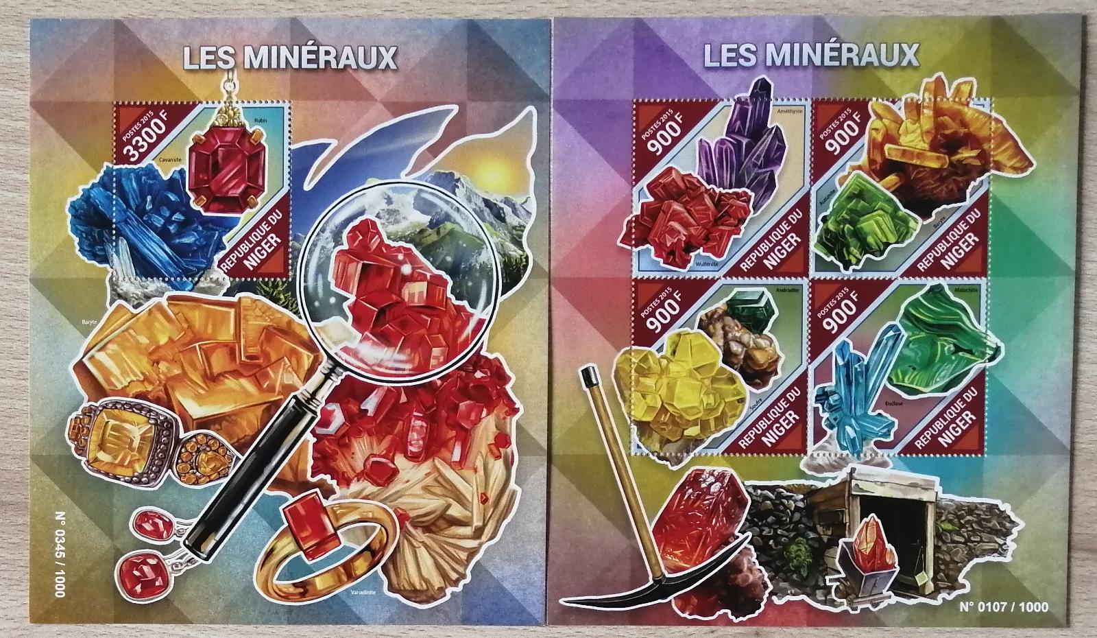 Niger 2015 Mi.3852-5+Bl.475 27€ Minerály, ametyst, baryt, síra