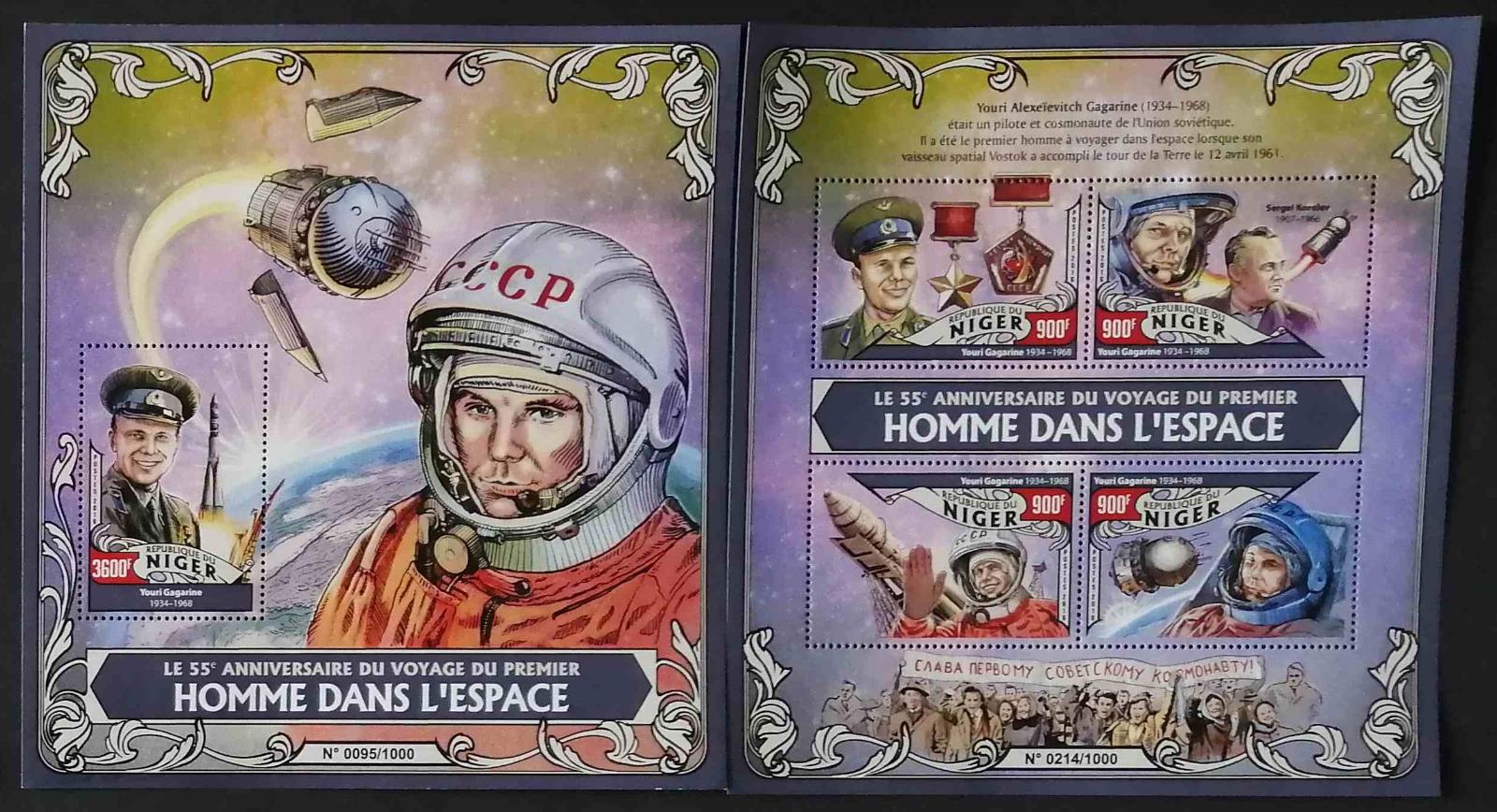 Niger 2016 Mi.4052-5+Bl.515 28€ 55 prvního člověka ve vesmíru, Gagarin