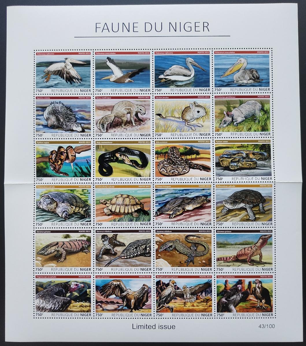 Niger 2016 VELKÝ TISKOVÝ ARCH: Fauna Afriky, Hadi, Želvy (ohyb)