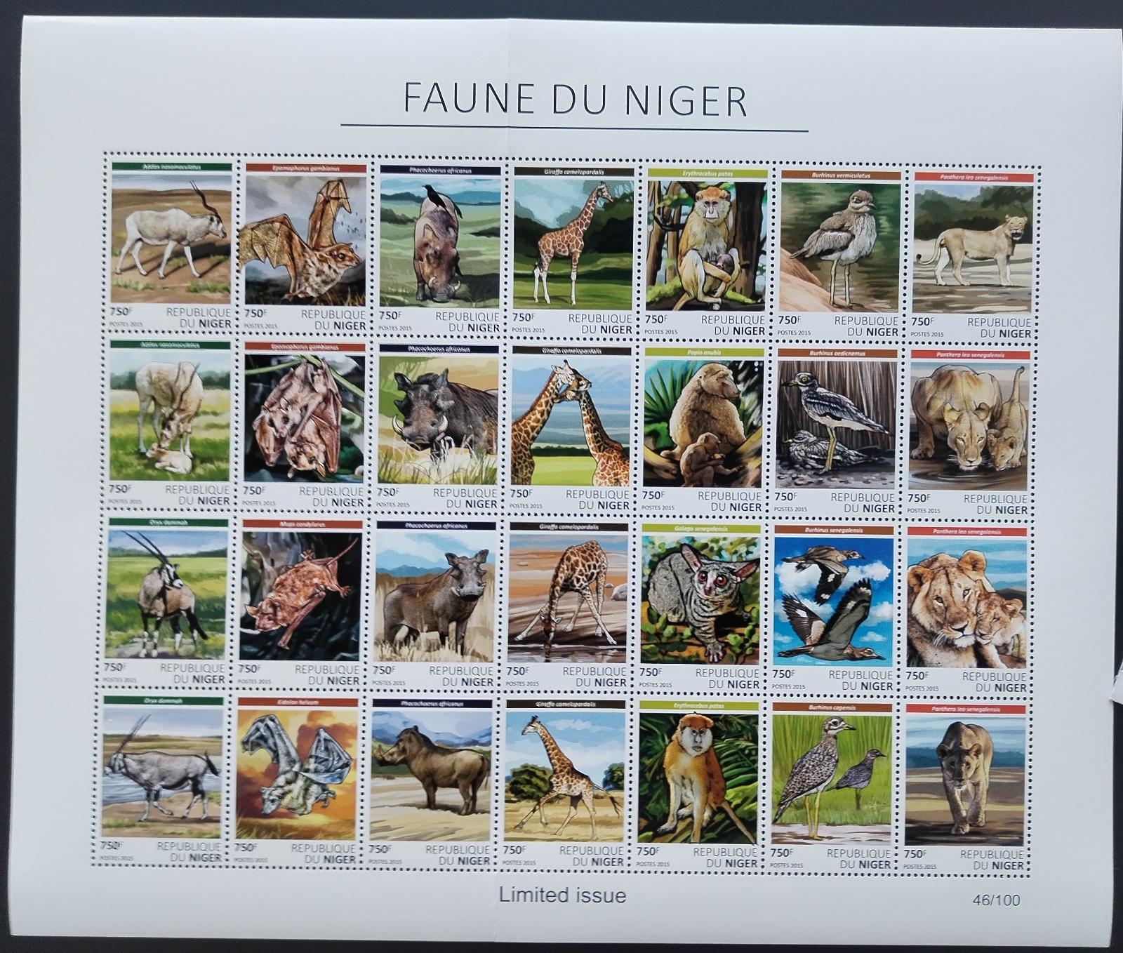 Niger 2016 VELKÝ TISKOVÝ ARCH: Fauna Afriky, Ptáci, Lvi, Žirafy (ohyb)