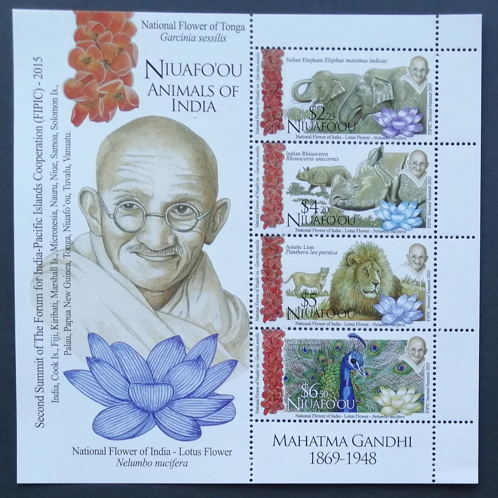 Niuafo'ou 2016 Bl.67 23€ Pávi, lvi, sloni, fauna, Gándhí, summit Indie