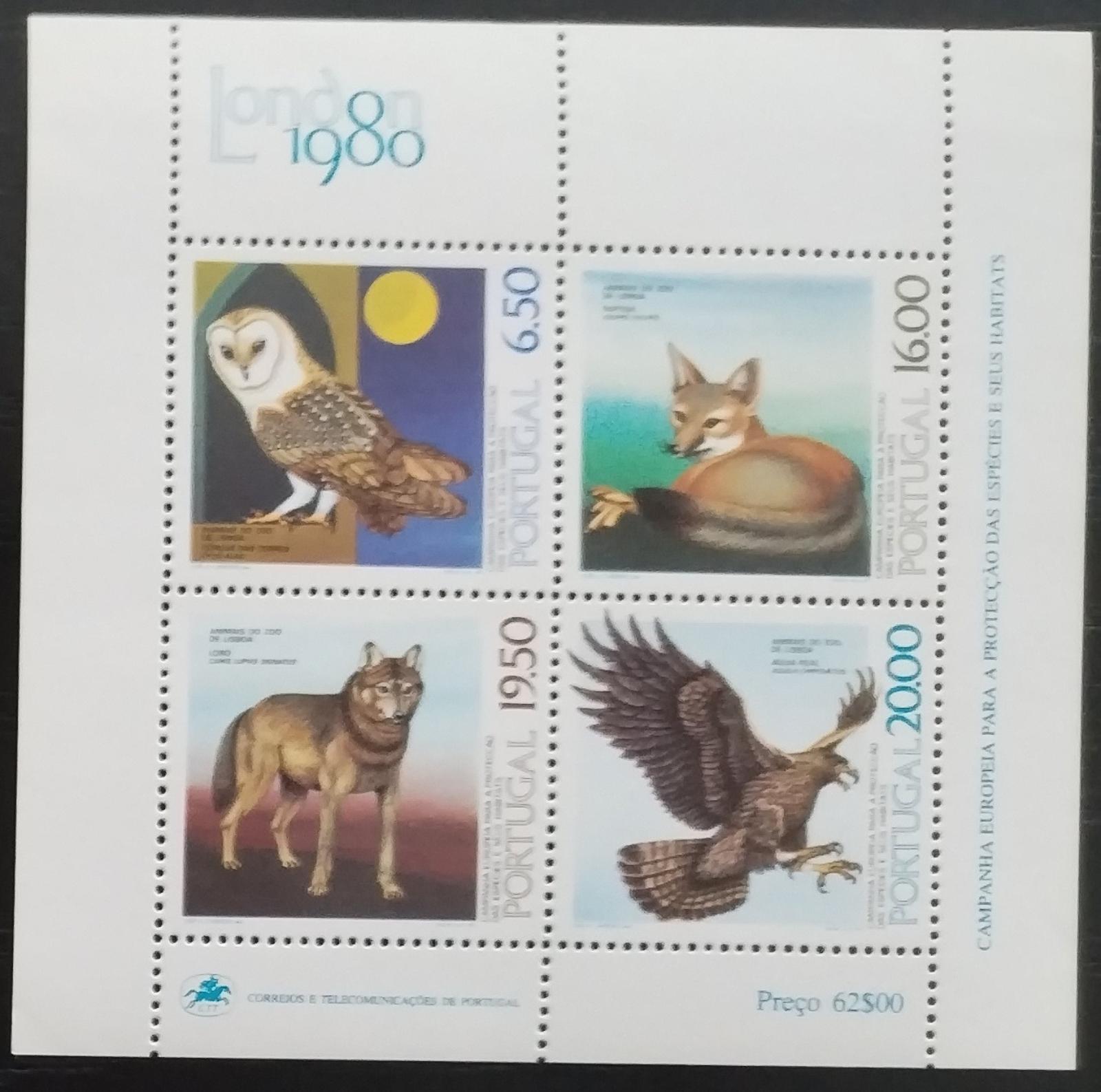 Portugalsko 1980 Výstava LONDON, Fauna země, Vlci a sovy, Ptáci