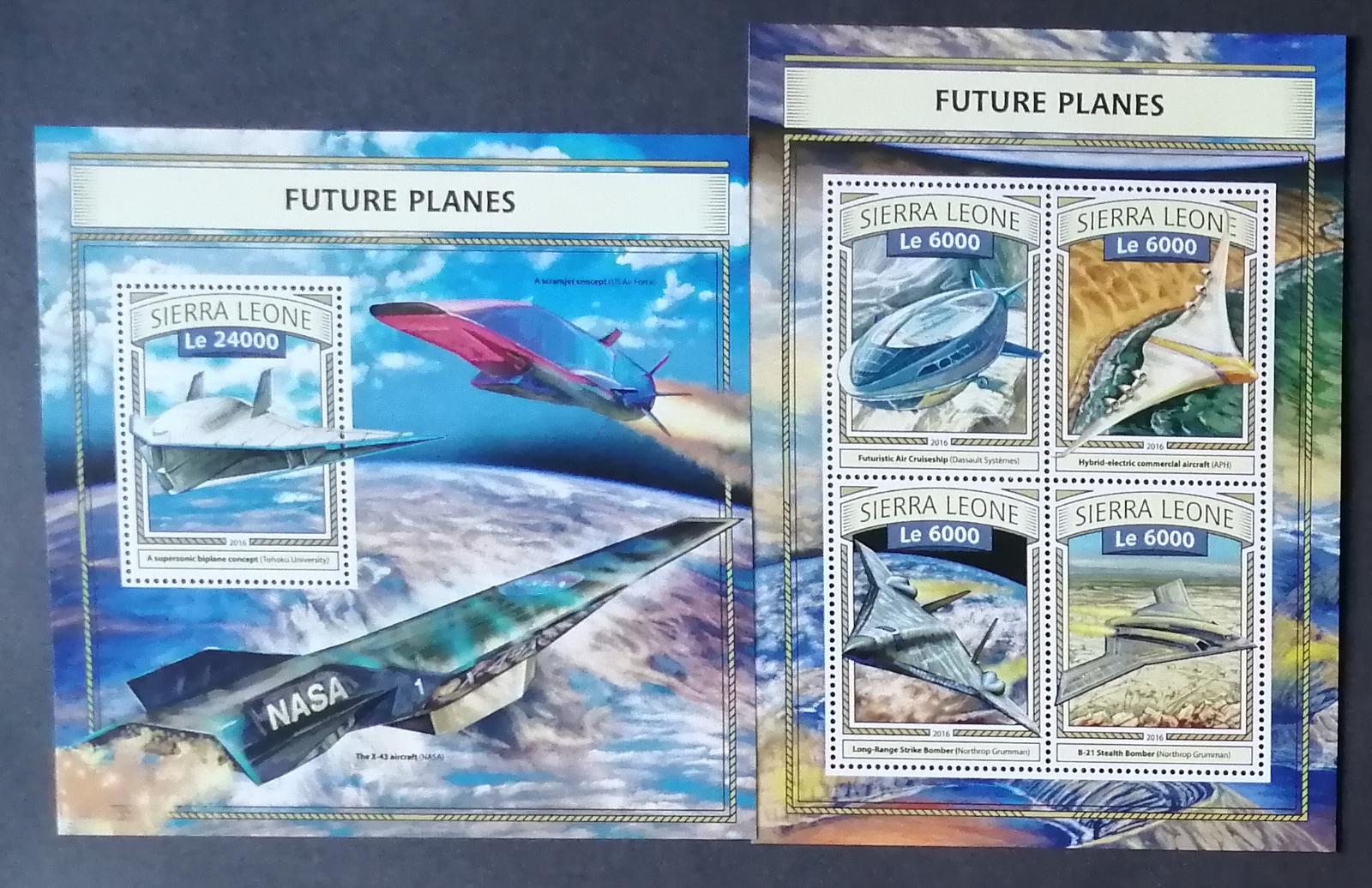 Sierra Leone 2016 Mi.7883-6+Bl.1109 22€ Letadla a vzducholodě budoucna