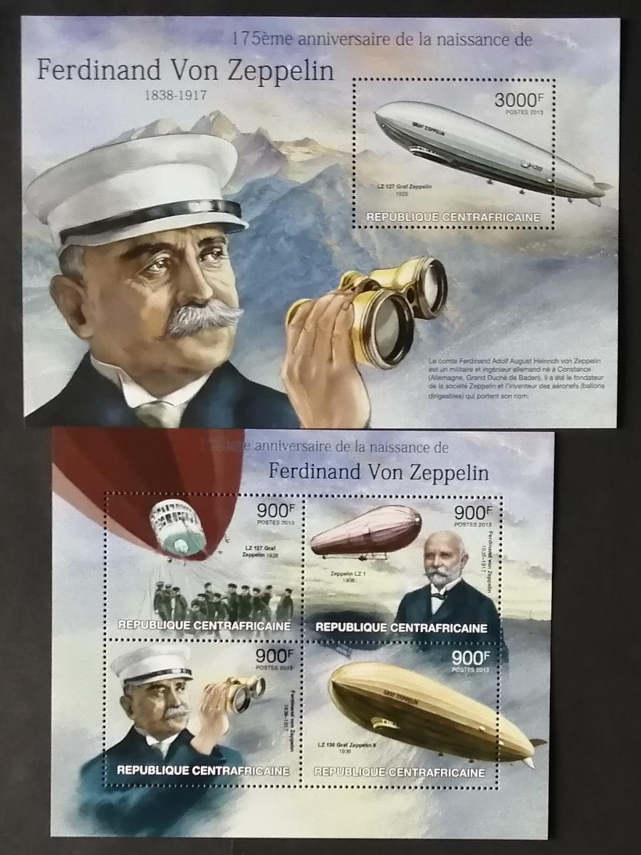 Středoafrická republika 2013 30€ 175 let von Zeppelina, vzducholodě