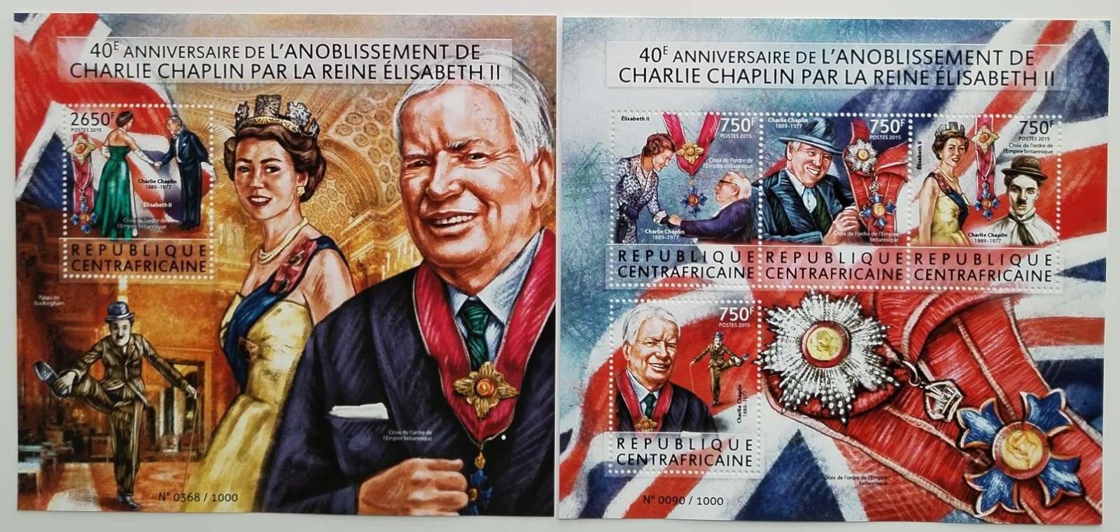 Středoafrická republika 2015 26€ Alžběta II. a pasování Chaplina 1975