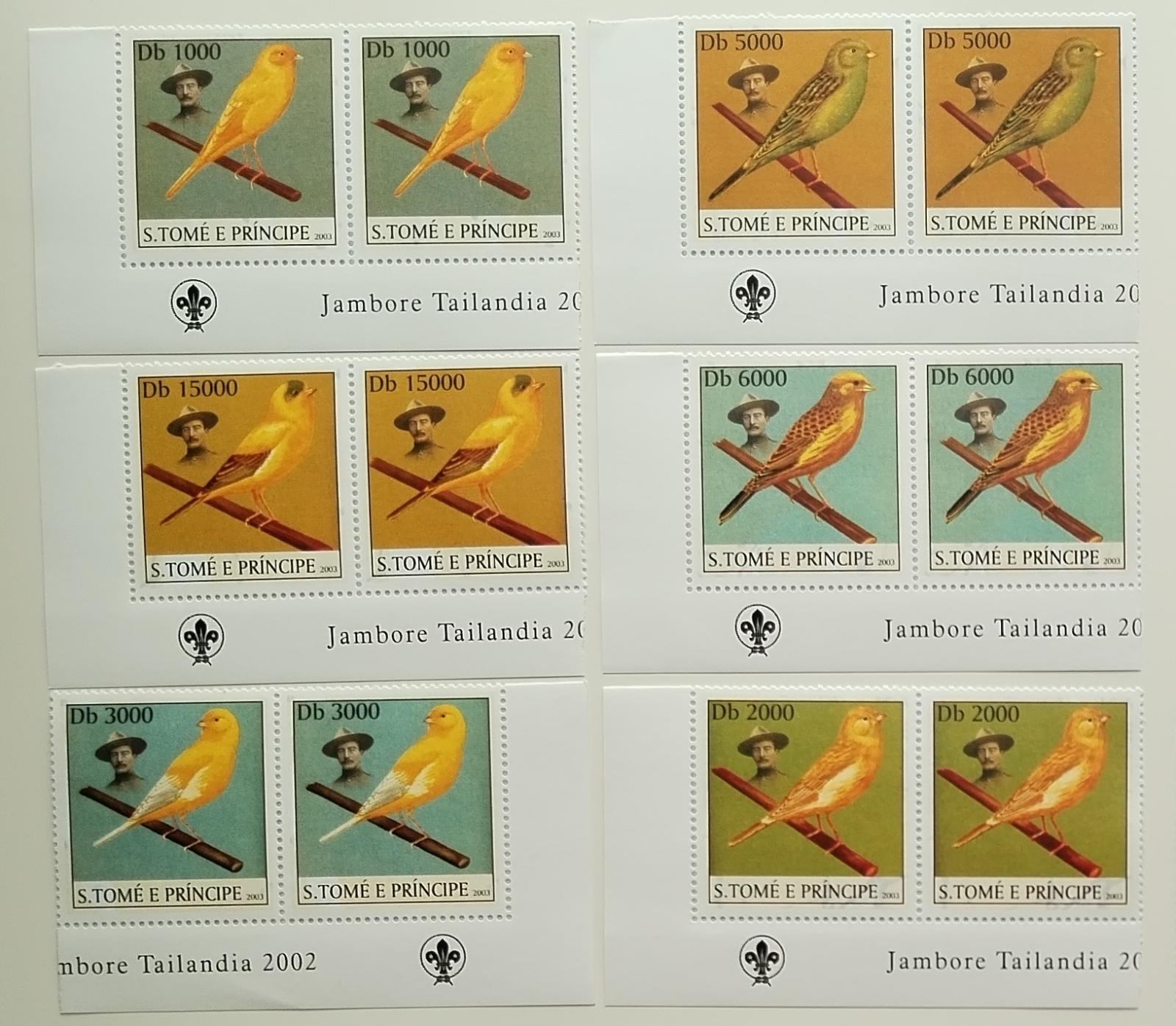 Svatý Tomáš 2003 11€ Kanárci a ptáci, Skaut Baden-Powell PÁRY