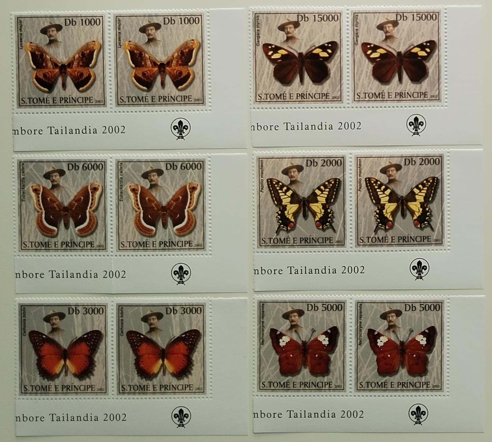 Svatý Tomáš 2003 11€ Motýli a jejich druhy, Skaut Baden-Powell PÁRY
