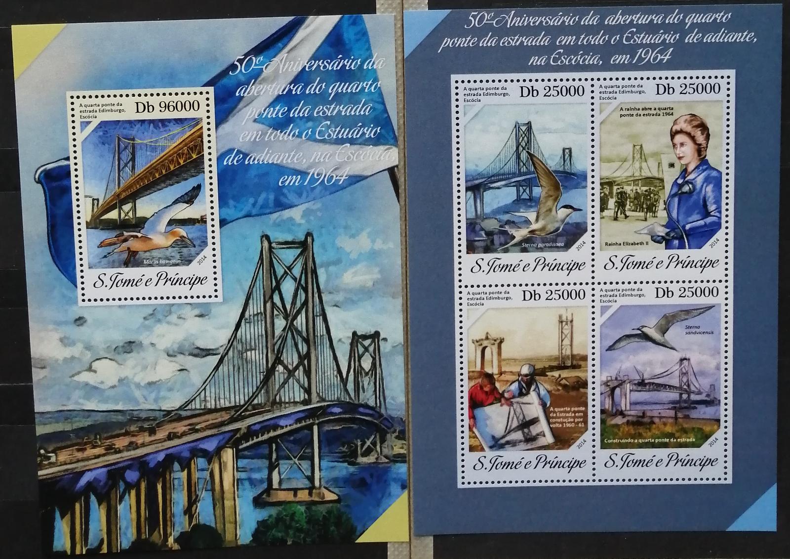 Svatý Tomáš 2014 Mi.5529-2+Bl.965 20€ - 50 let Forth Road mostu, ptáci