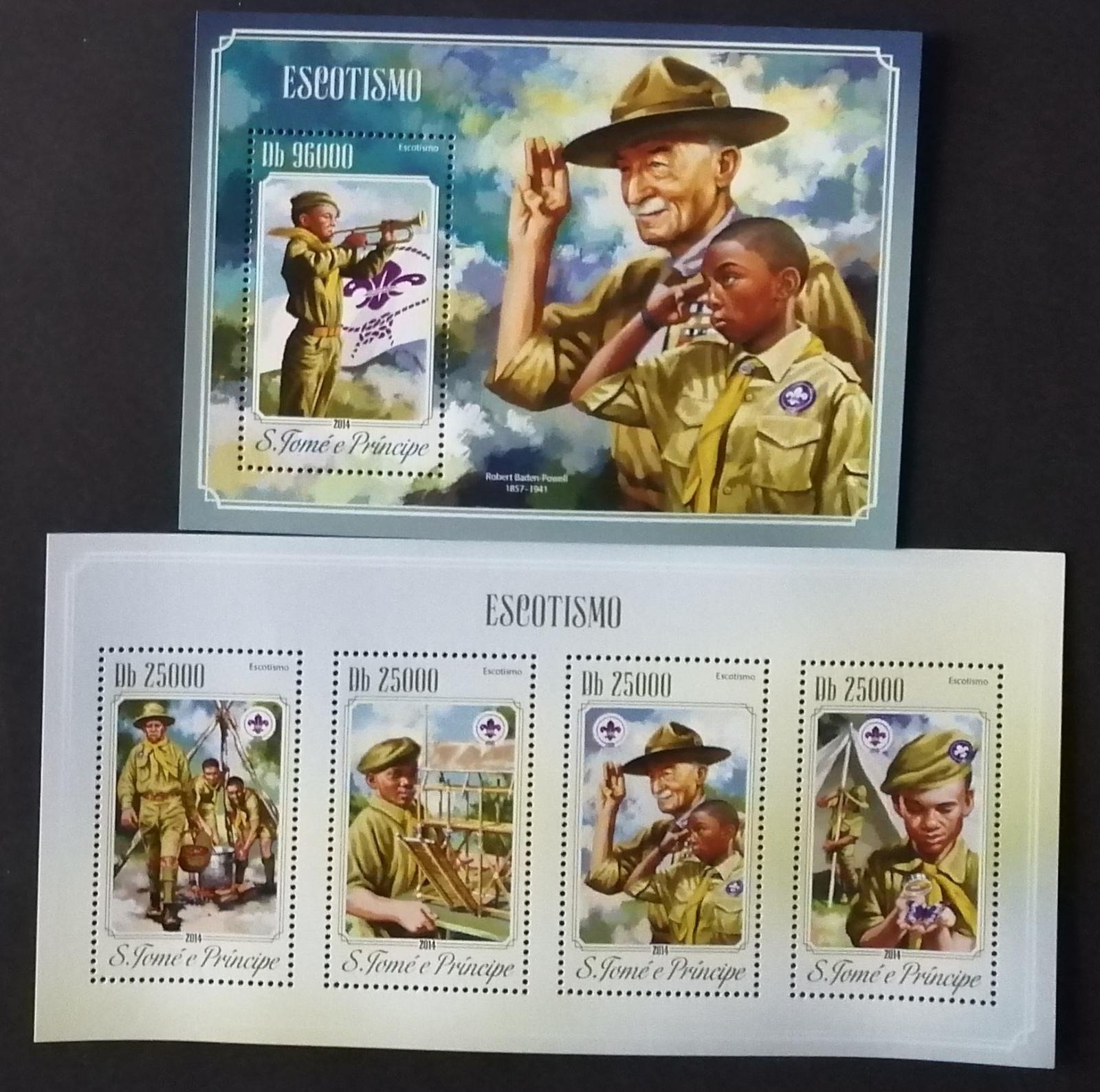 Svatý Tomáš 2014 Mi.5850-3+Bl.1026 20€ Skauting a sir Baden-Powell