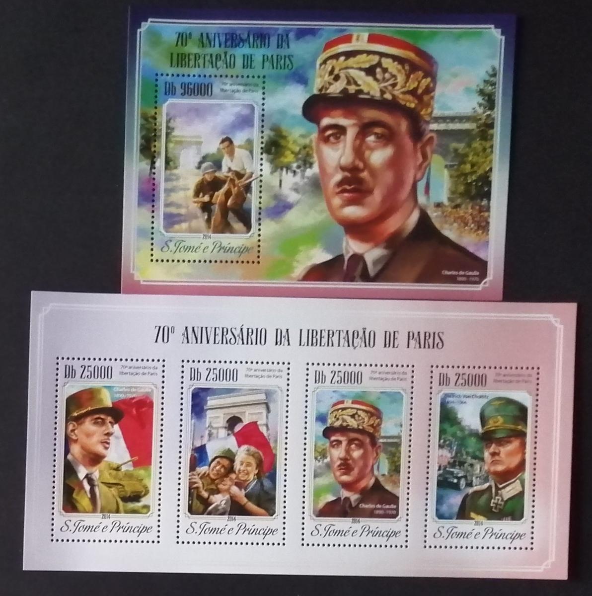 Svatý Tomáš 2014 Mi.5940-3+Bl.1044 20€ 70 let osvobození Paříže, válka