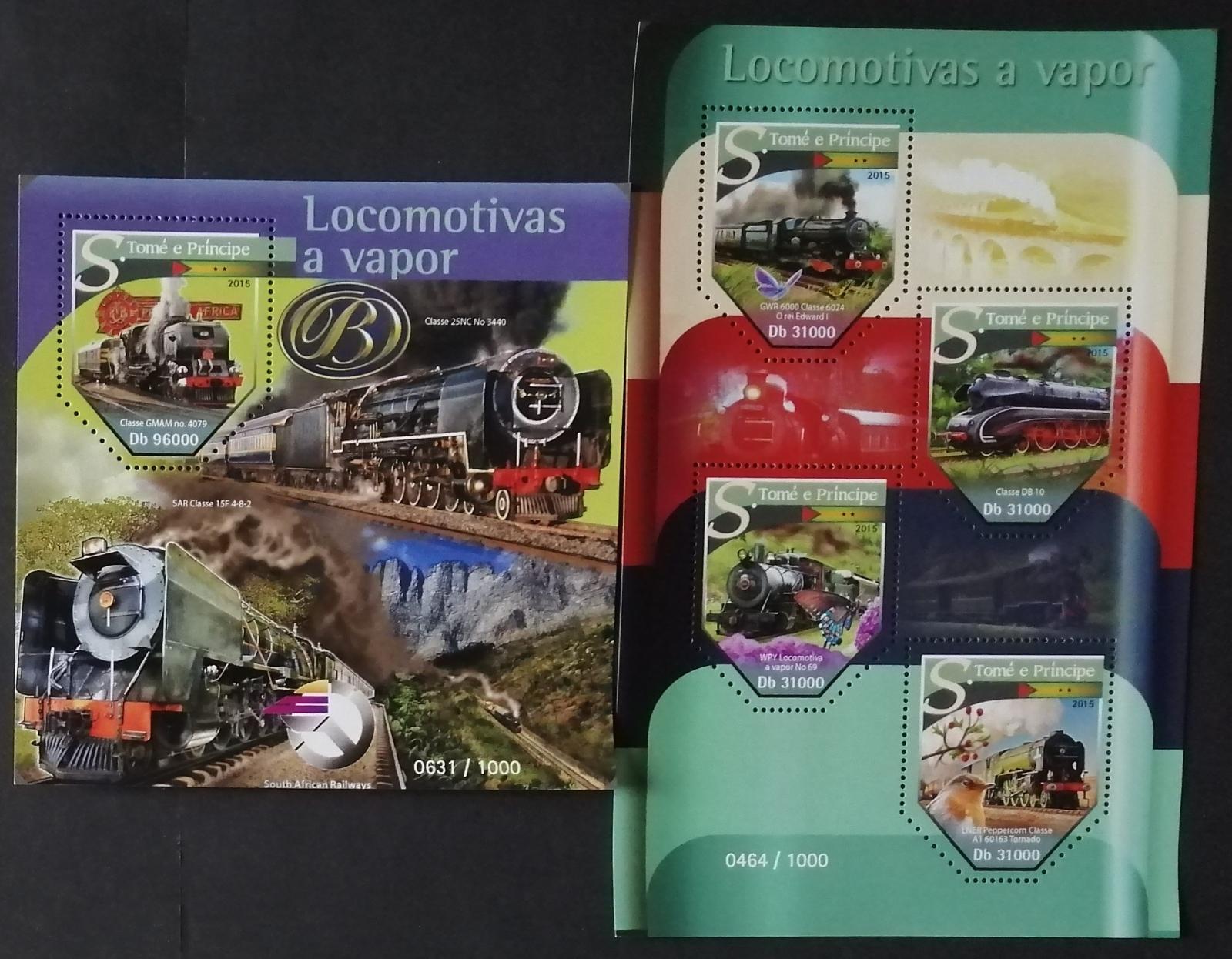 Svatý Tomáš 2015 Mi.6450-3+Bl.1143 22€ Parní lokomotivy a vlaky
