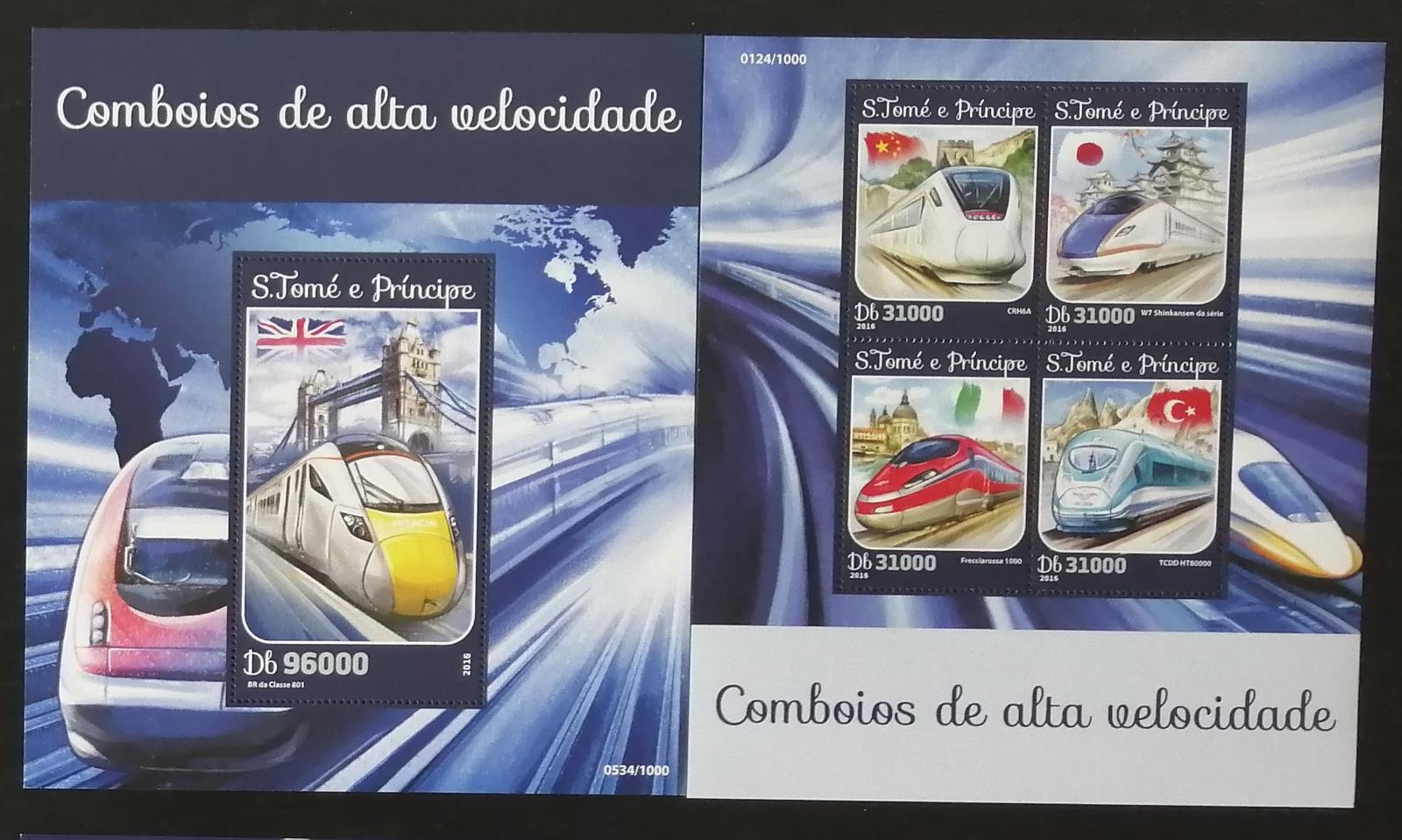 Svatý Tomáš 2016 Mi.6666-9+Bl.1183 22€ Vysokorychlostní vlaky světa