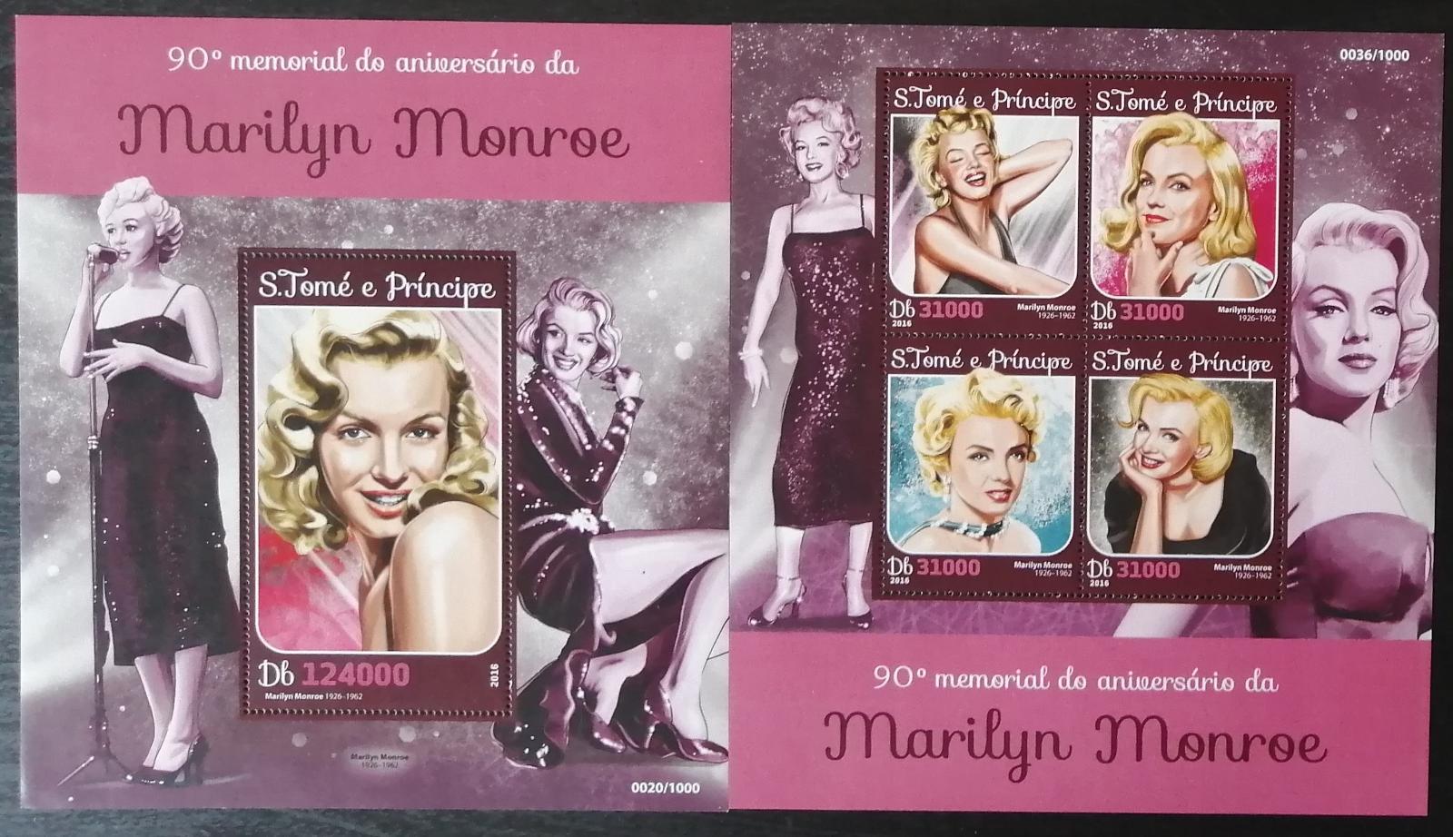 Svatý Tomáš 2016 Mi.6681-4+Bl.1186 22€ 90 let Marilyn Monroe, herečka