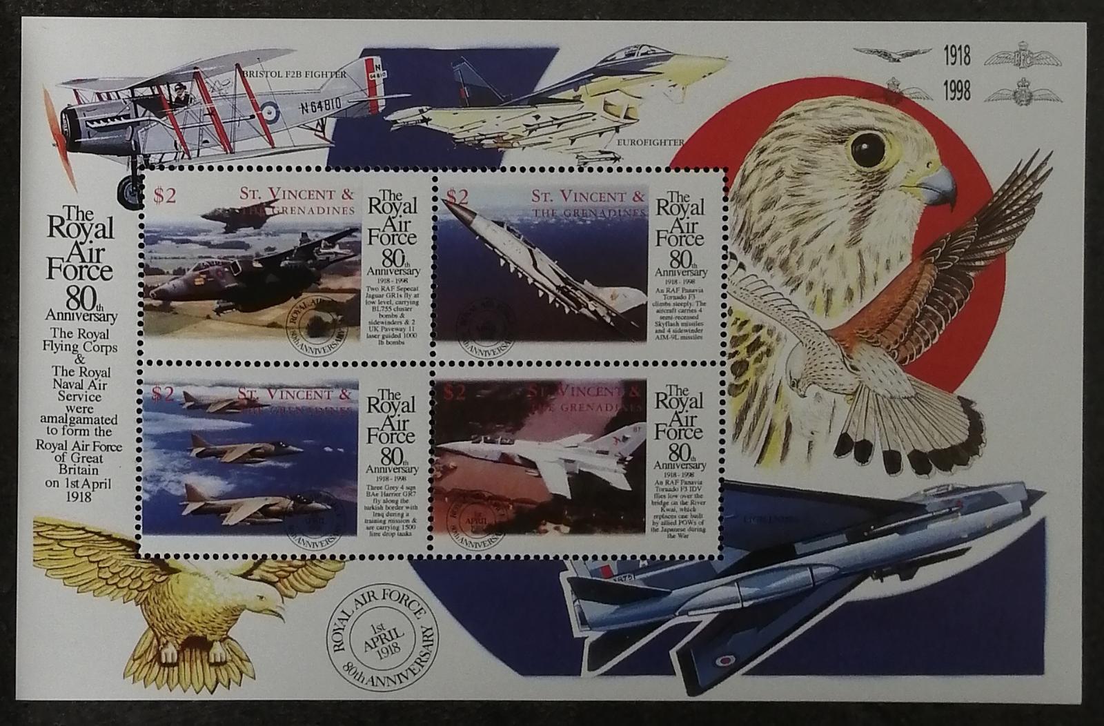 Svatý Vincent 1998 6€ 80 let RAF, Draví ptáci a stíhačky, Letadla