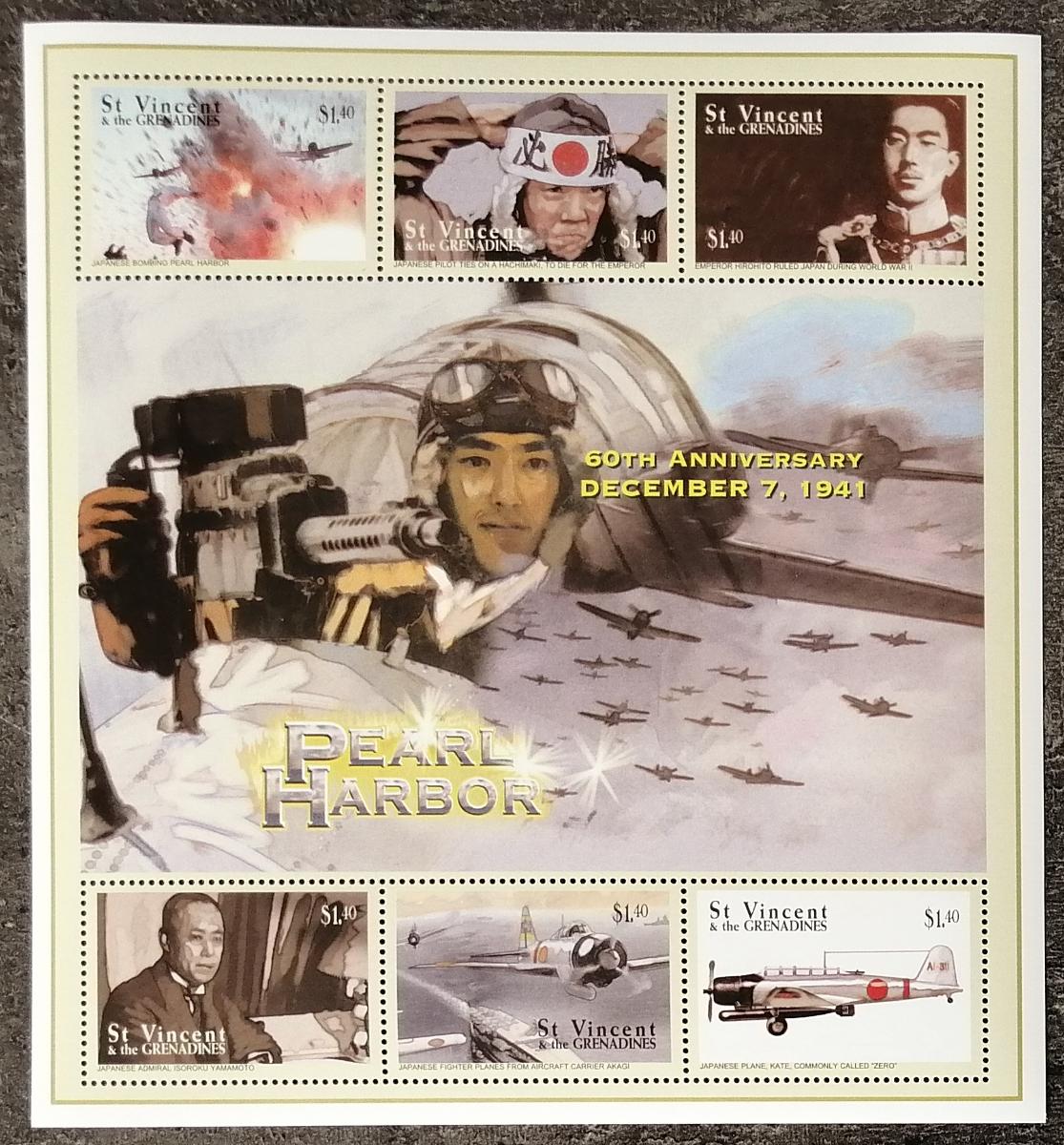 Svatý Vincent 2001 9,5€ Výročí Pearl Harbor, Letadla a stíhačky, Lodě