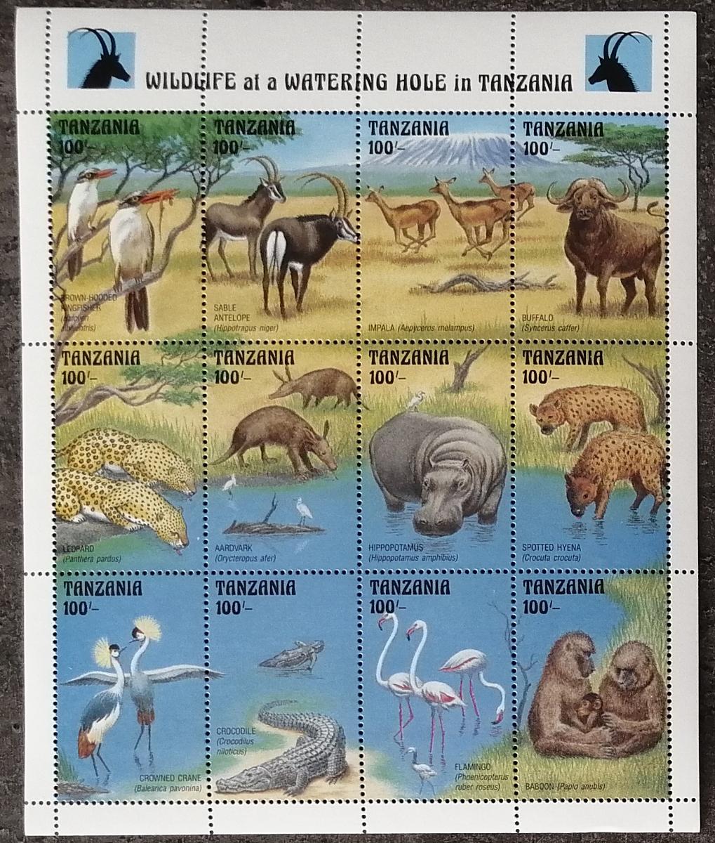 Tanzánie 1999 9,5€ Africká fauna napajedel, Opice, ptáci, hroši