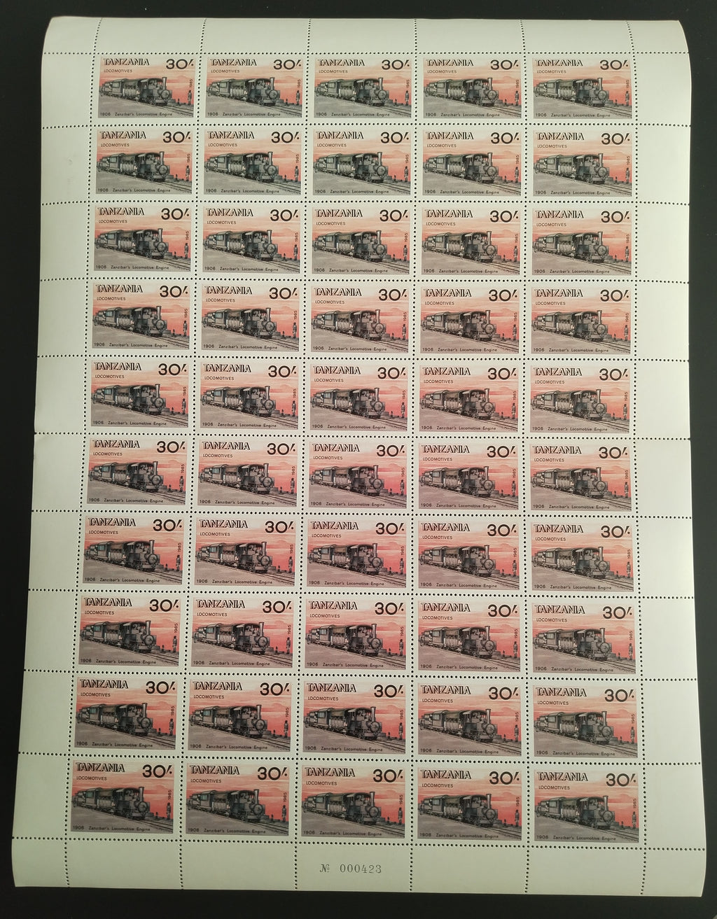 Tanzanie 1985 +60€ Tiskový arch hodnoty 30s, Vlaky