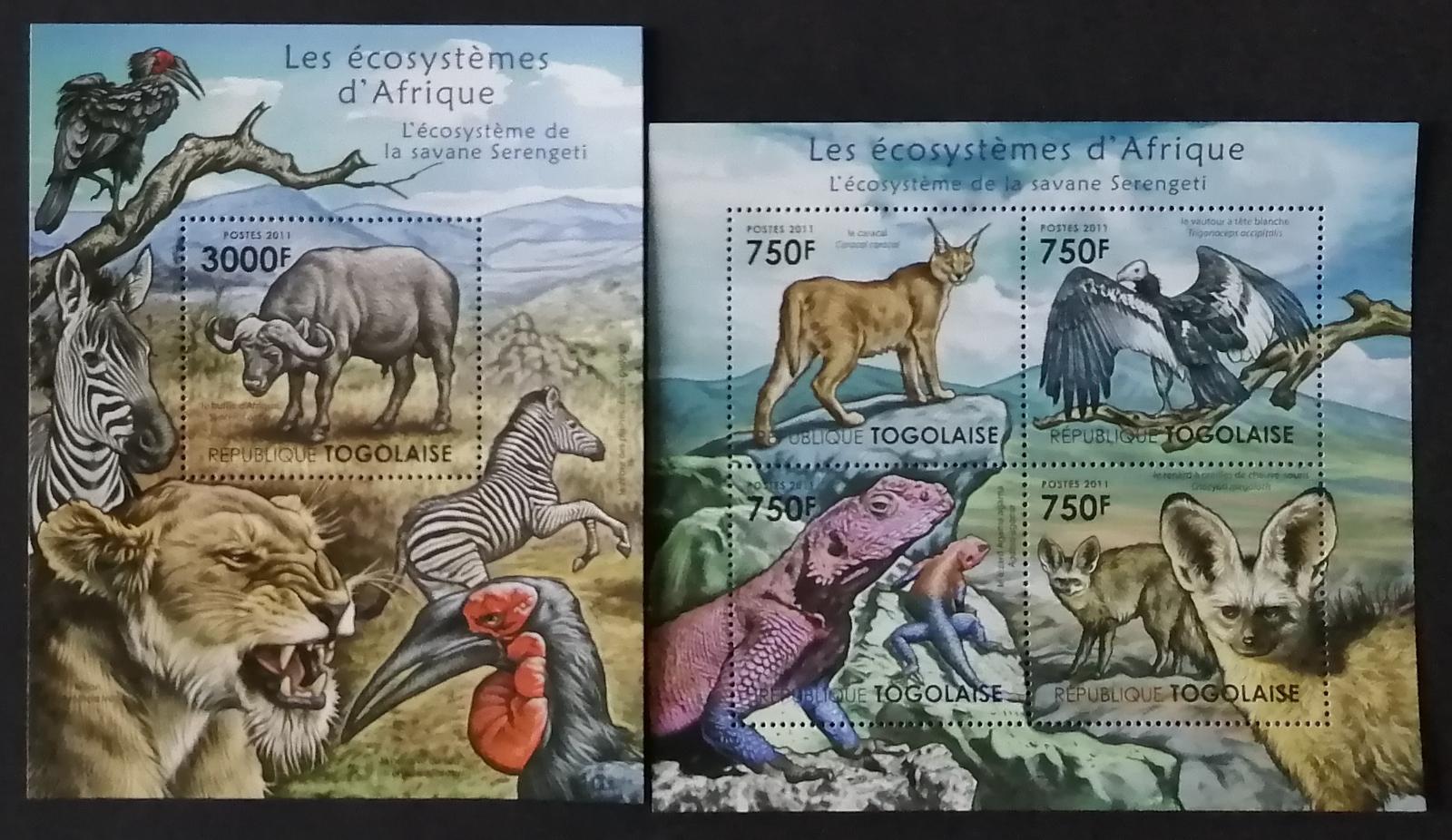 Togo 2011 24€ Africká fauna a flora parku Serengeti, Lvi, Kočky a ptác