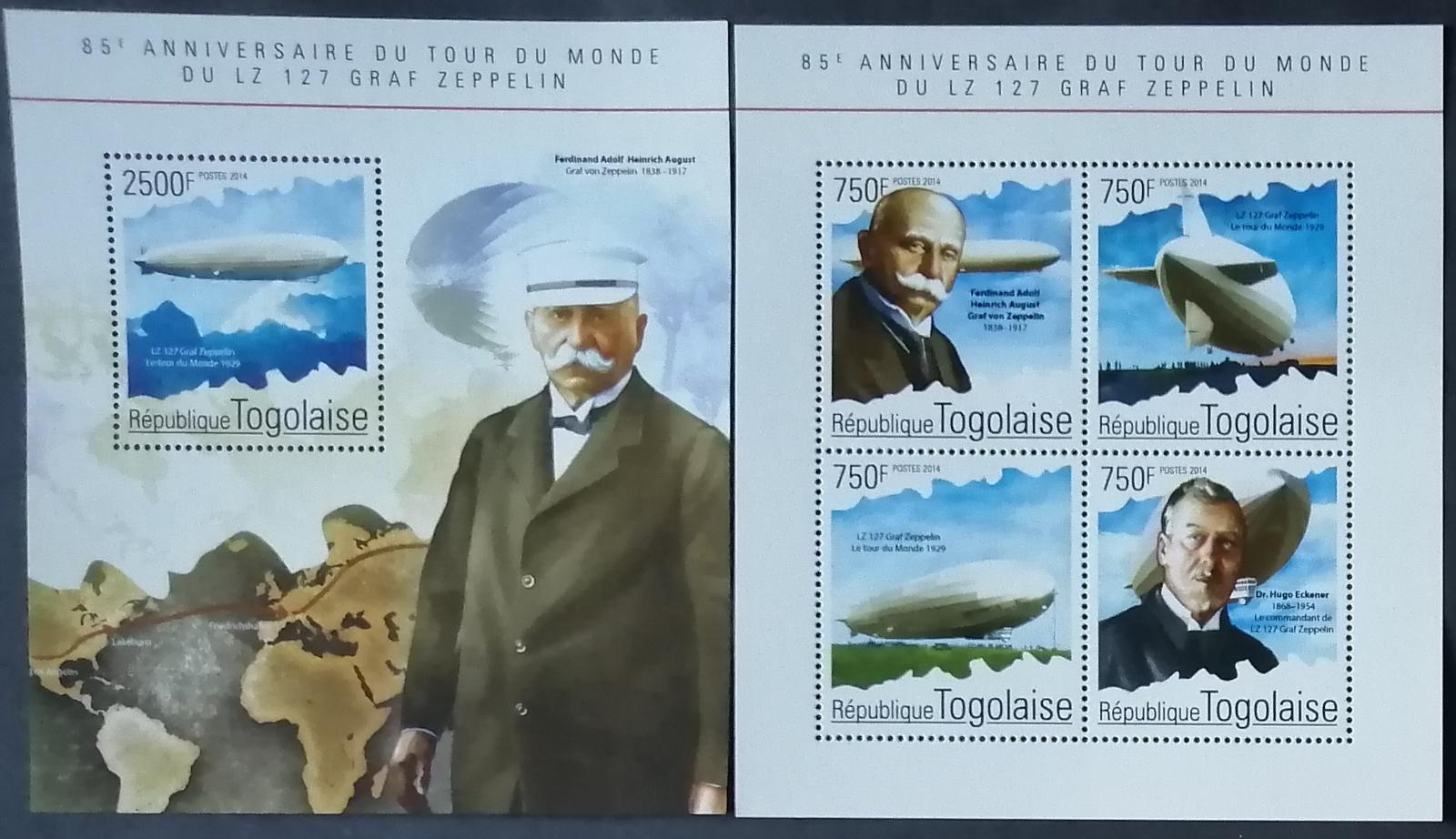 Togo 2014 22€ 85 let cesty kolem světa vzducholodí LZ 127, Zepelíny