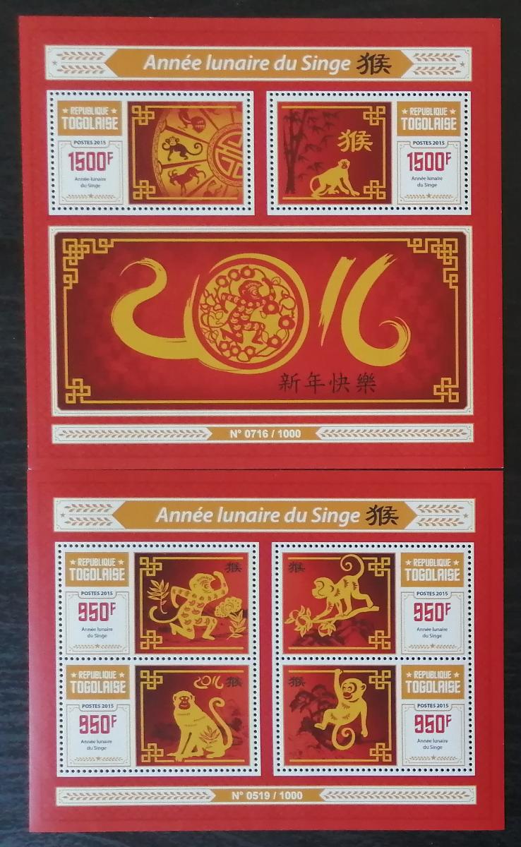 Togo 2015 Mi.7171-4+Bl.1248 27€ Čínský rok opice, astrologie a primáti