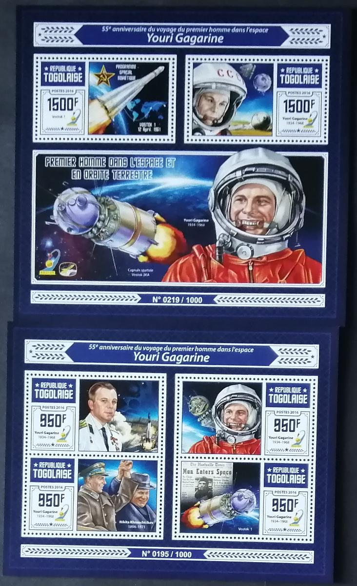 Togo 2016 27€ 55 let prvního člověka ve vesmíru, Jurij Gagarin