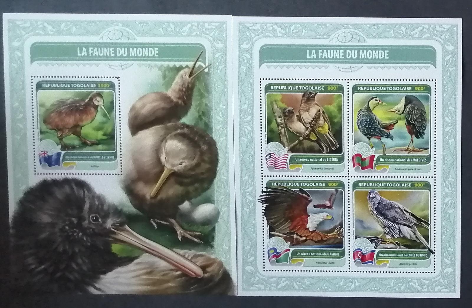 Togo 2016 27€ Národní fauna a vlajky zemí, Kiwi, Orli a potápky