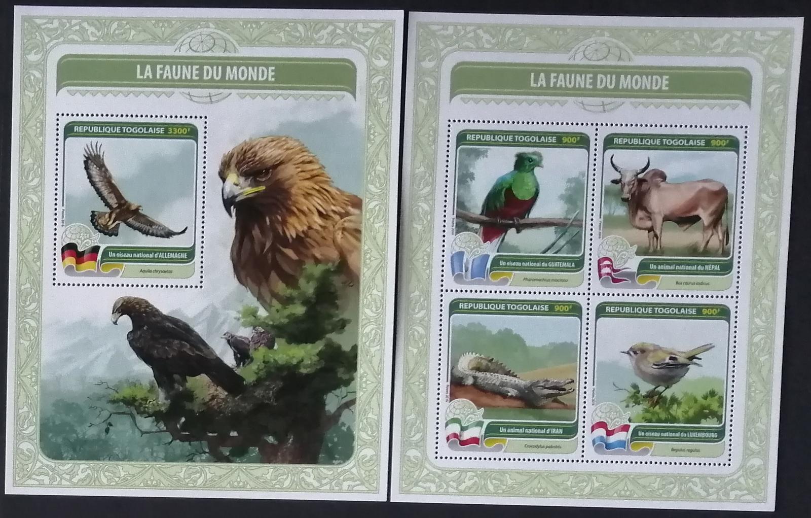 Togo 2016 27€ Vlajky zemí, Národní ptáci, Orel, Papoušci, Krokodýl