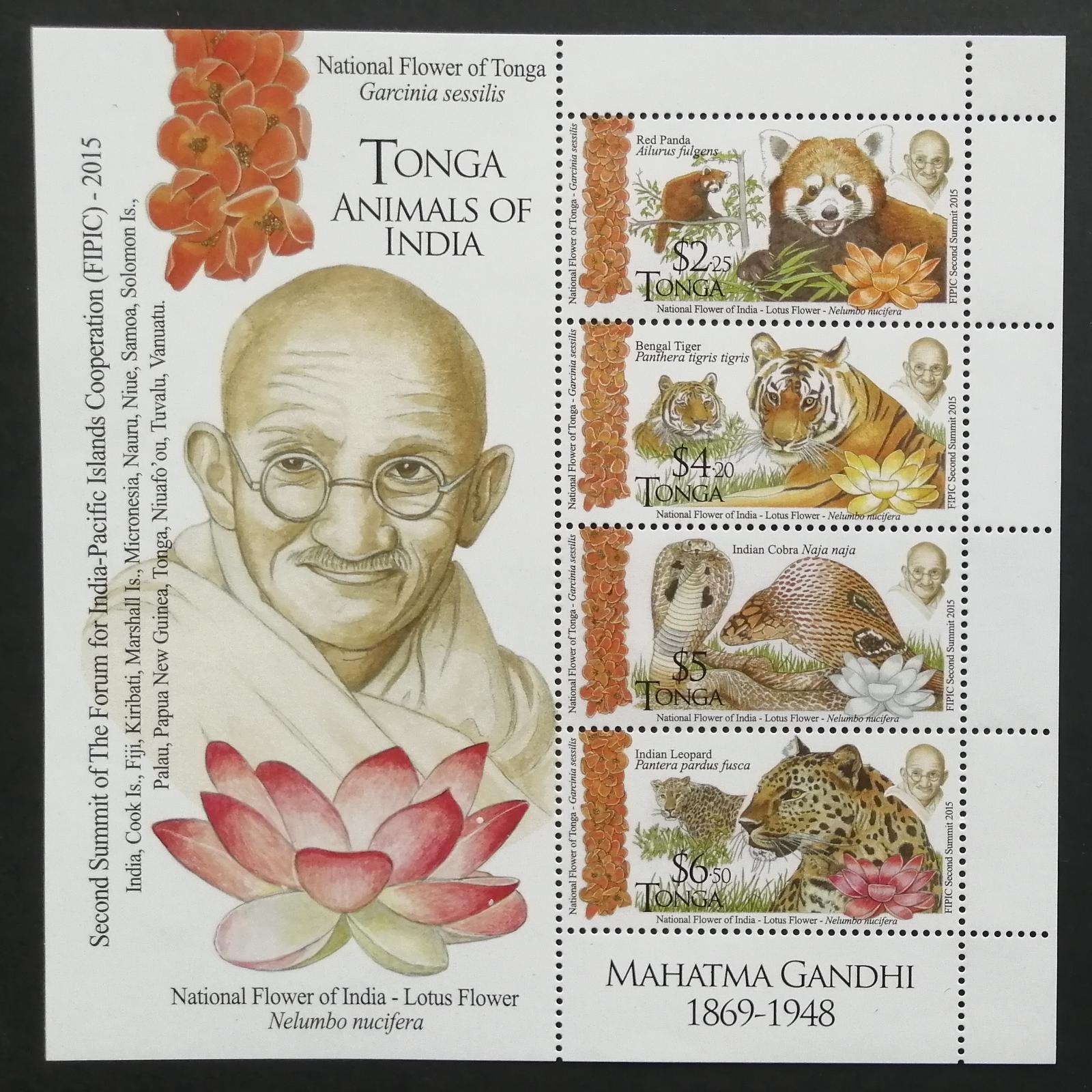 Tonga 2016 Bl.100 23€ Pandy, tygři, hadi, summit Indie, Gándí