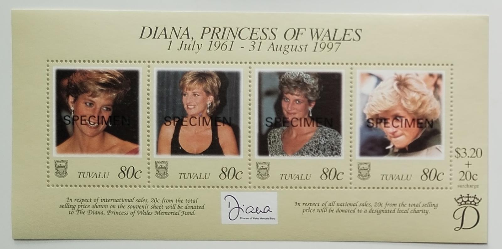 Tuvalu 1998 Smrt princezny Diany a charita na postižené SPECIMEN